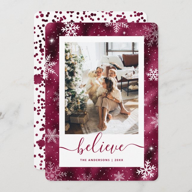 Elegant Burgundy Photo Snowflake Holiday Card (Front/Back)