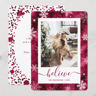 Elegant Burgundy Photo Snowflake Holiday Card
