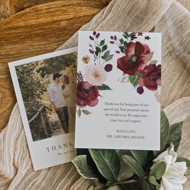 Elegant Burgundy Photo Wedding Thank You Card (Creator Uploaded)
