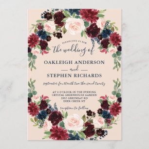 Elegant Burgundy, Pink and Navy Floral Wedding Invitation