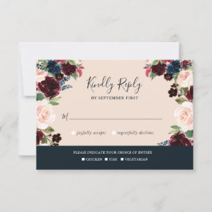 Elegant Burgundy, Pink and Navy Floral Wedding RSVP Card