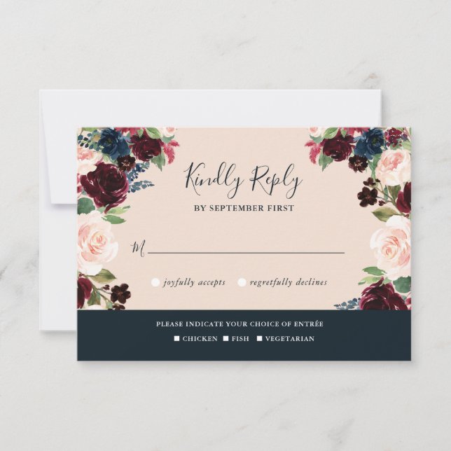Elegant Burgundy, Pink and Navy Floral Wedding RSVP Card (Front)