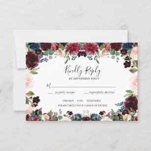 Elegant Burgundy, Pink and Navy Floral Wedding RSVP Card