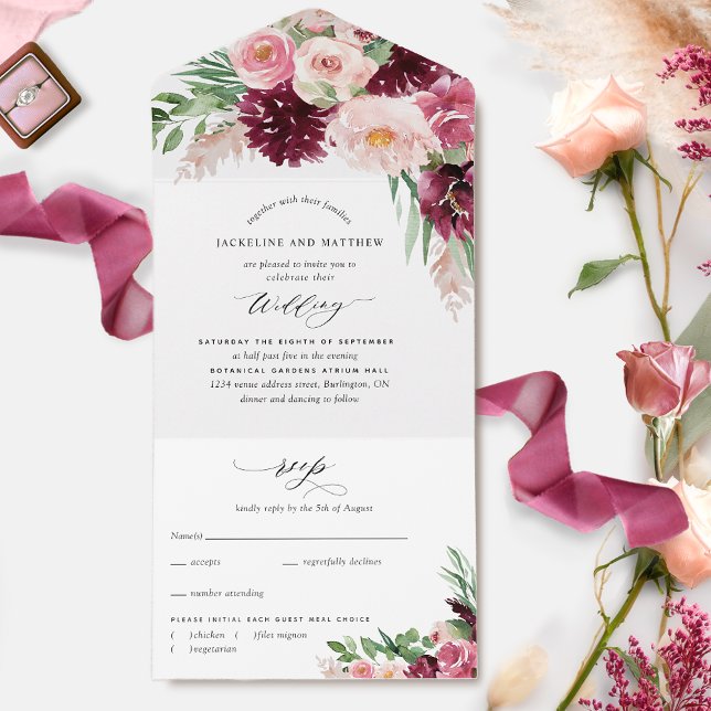 Elegant Burgundy Pink Blush Floral Boho Wedding All In One Invitation (Creator Uploaded)