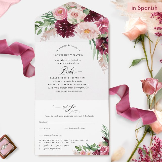 Elegant Burgundy Pink Blush Floral Wedding Spanish All In One Invitation (Creator Uploaded)