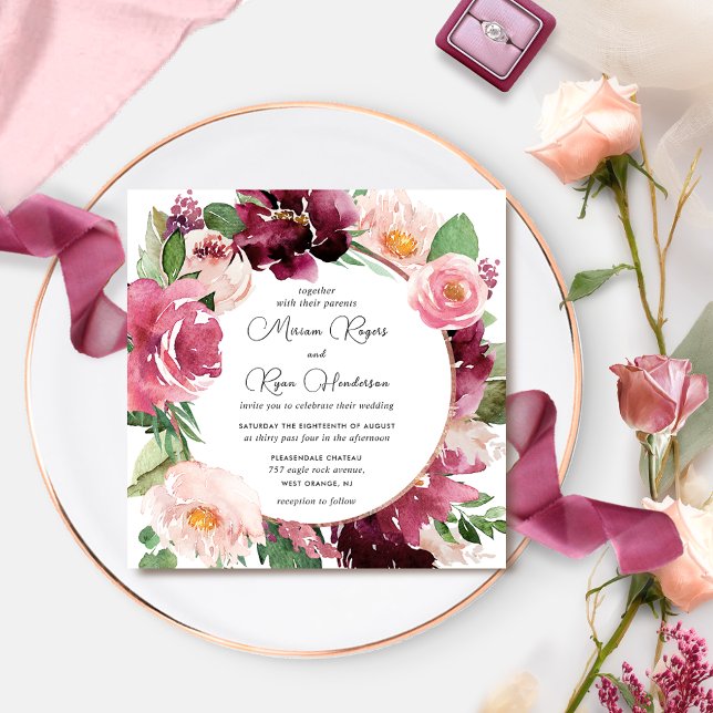 Elegant Burgundy Pink Blush Floral Wreath Wedding  Invitation (Creator Uploaded)