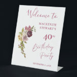 Elegant Burgundy Pink Floral 40th Birthday Pedestal Sign<br><div class="desc">An elegant 40th birthday party pedestal sign featuring a burgundy pink floral watercolor on a white background.</div>