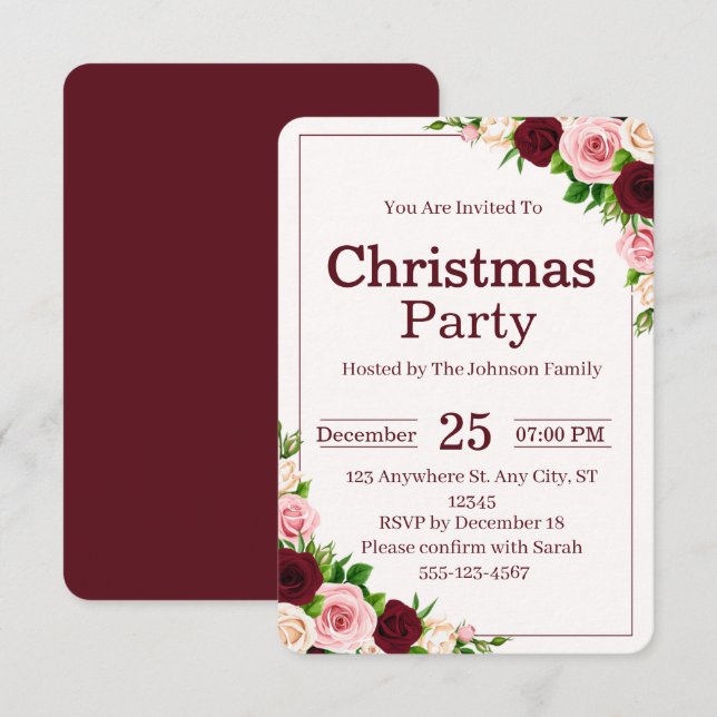 Elegant Burgundy Pink Floral Christmas Party Invitation (Front/Back)