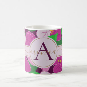 Elegant Burgundy Pink Floral Gold Name Monogram Co Coffee Mug