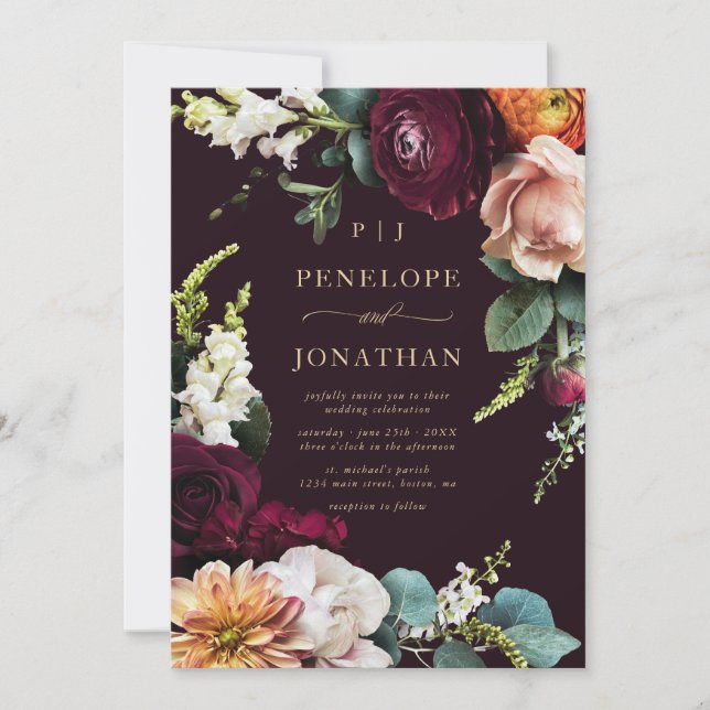 Elegant Burgundy Pink Floral Gold Script Wedding  Invitation (Front)