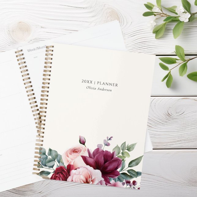 Elegant Burgundy Pink Floral Personalised Name Planner (Creator Uploaded)