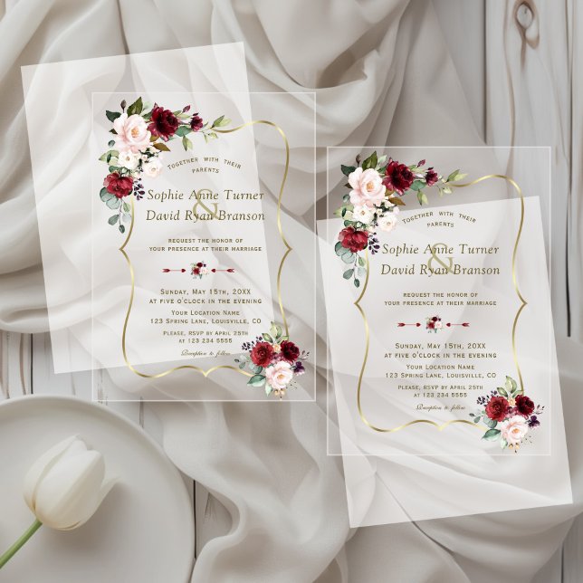 Elegant Burgundy Pink Flowers Gold Wedding Acrylic Invitations (Creator Uploaded)