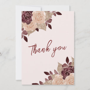 Elegant Burgundy Pink Glitter Floral Wedding Photo Thank You Card