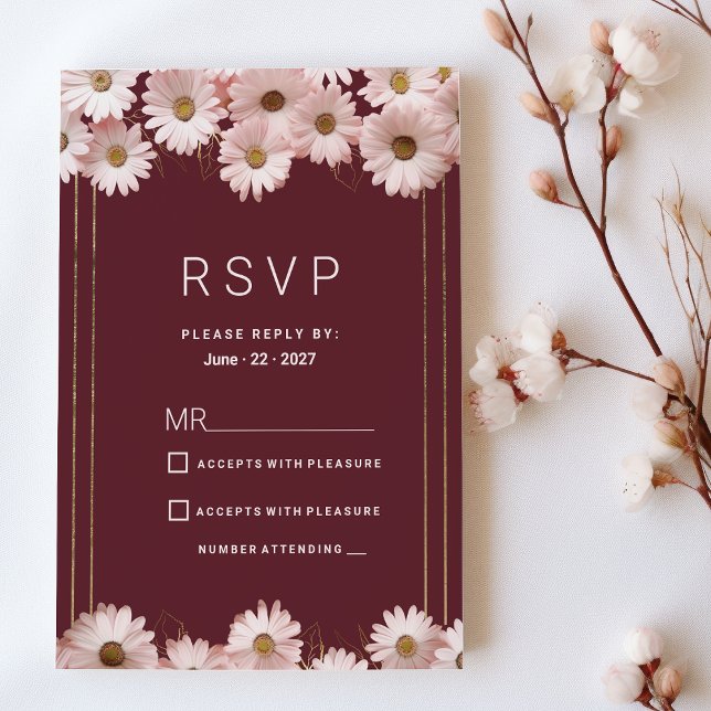 Elegant burgundy pink gold daisy flowers RSVP Invitation (Elegant burgundy pink gold daisy flowers RSVP)