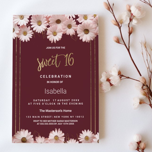 Elegant burgundy pink gold daisy flowers Sweet 16 Invitation (Elegant burgundy pink gold daisy flowers Sweet 16)