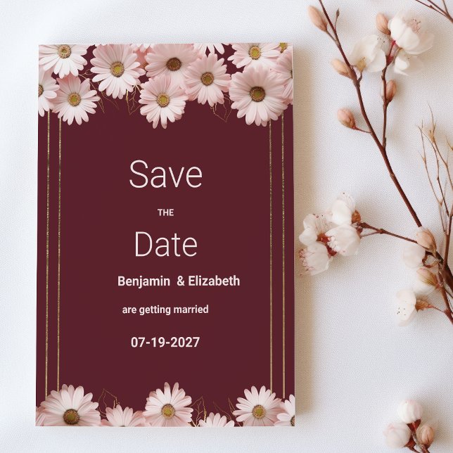 Elegant burgundy pink gold daisy Save the Date Invitation (Elegant burgundy pink gold daisy Save the Date)