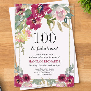 Elegant Burgundy Pink Gold Floral 100th Birthday Acrylic Invitations