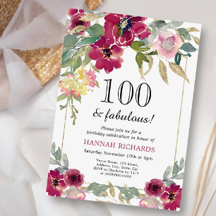 Elegant Burgundy Pink Gold Floral 100th Birthday Invitation
