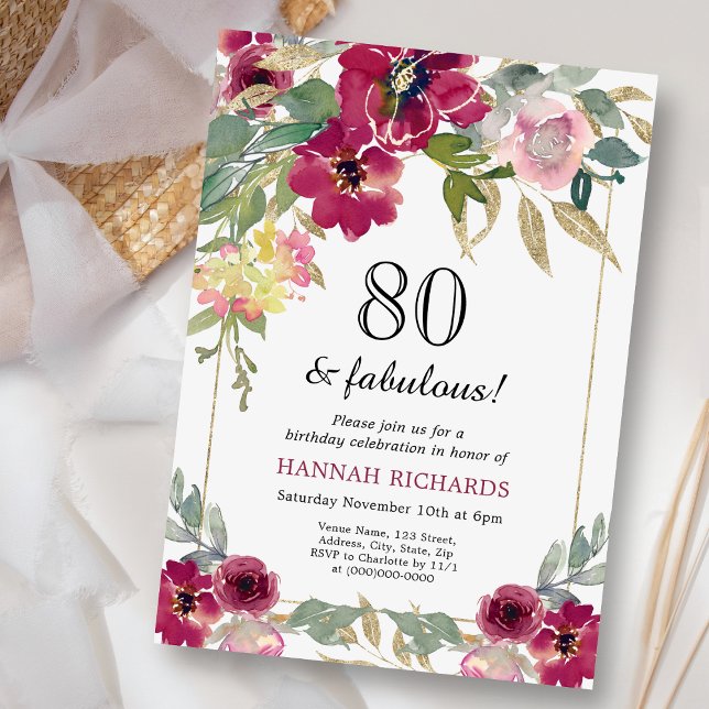 Elegant Burgundy Pink Gold Floral 80th Birthday  Invitation (Creator Uploaded)