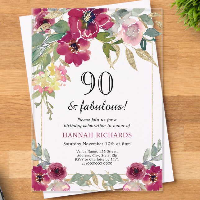 Elegant Burgundy Pink Gold Floral 90th Birthday  Acrylic Invitations (Creator Uploaded)