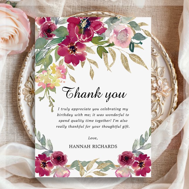 Elegant Burgundy Pink Gold Floral Birthday  Thank You Card (Creator Uploaded)