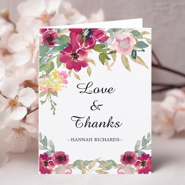 Elegant Burgundy Pink Gold Floral Birthday  Thank You Card (Creator Uploaded)