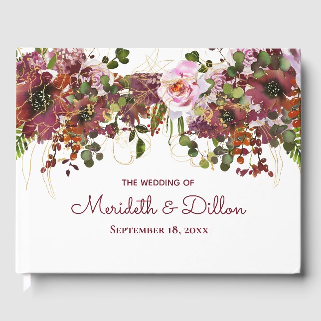 Elegant Burgundy Pink Gold Floral Wedding Guest Book (Front)
