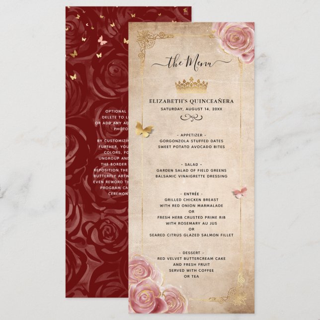 Elegant Burgundy Pink Rose Gold Watercolor Floral Menu (Front/Back)