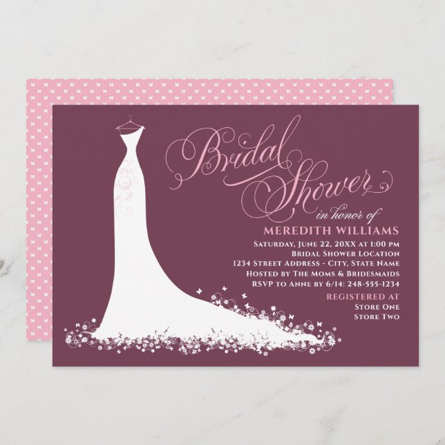 Elegant Burgundy Pink Wedding Gown Bridal Shower Invitation (Front/Back)
