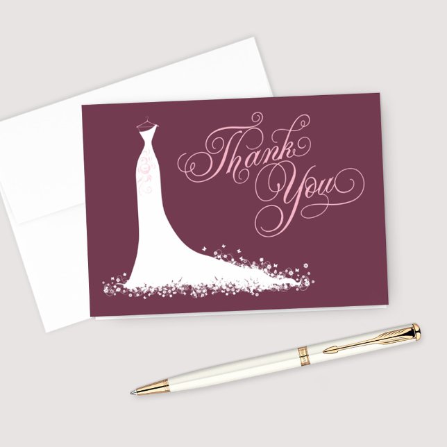 Elegant Burgundy Pink Wedding Gown Bridal Shower Thank You Card (Creator Uploaded)