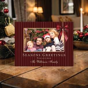 Elegant Burgundy Pinstripe Family Photo Christmas  Postcard