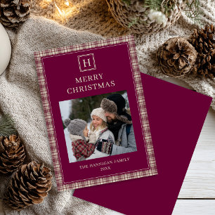Elegant Burgundy Plaid Merry Christmas Family Holiday Card