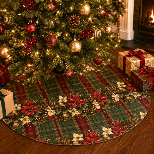 Elegant Burgundy Plaid & Poinsettia Christmas Brushed Polyester Tree Skirt
