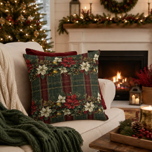 Elegant Burgundy Plaid & Poinsettia Christmas Cushion
