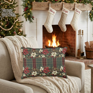 Elegant Burgundy Plaid Poinsettia Christmas   Decorative Cushion