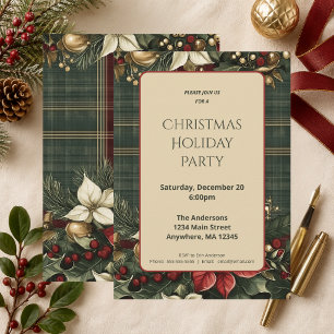 Elegant Burgundy Plaid & Poinsettia Christmas Invitation