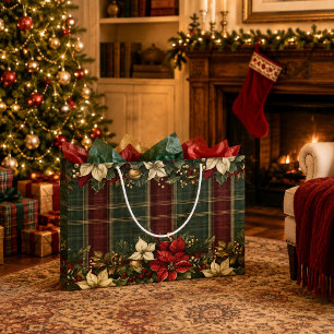 Elegant Burgundy Plaid & Poinsettia Christmas Large Gift Bag