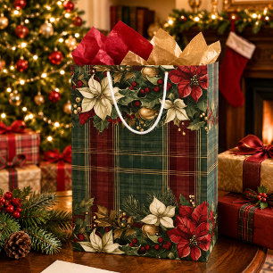 Elegant Burgundy Plaid & Poinsettia Christmas Medium Gift Bag