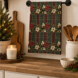 Elegant Burgundy Plaid Poinsettia Christmas Tea Towel
