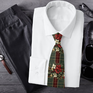 Elegant Burgundy Plaid & Poinsettia Christmas Tie