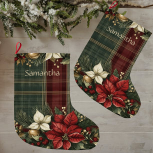 Elegant Burgundy Plaid & Poinsettia Custom Name Large Christmas Stocking