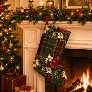 Elegant Burgundy Plaid & Poinsettia Large Christmas Stocking