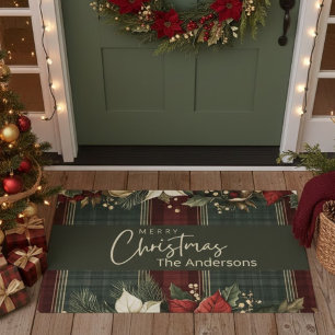 Elegant Burgundy Plaid Poinsettia Name Christmas Doormat