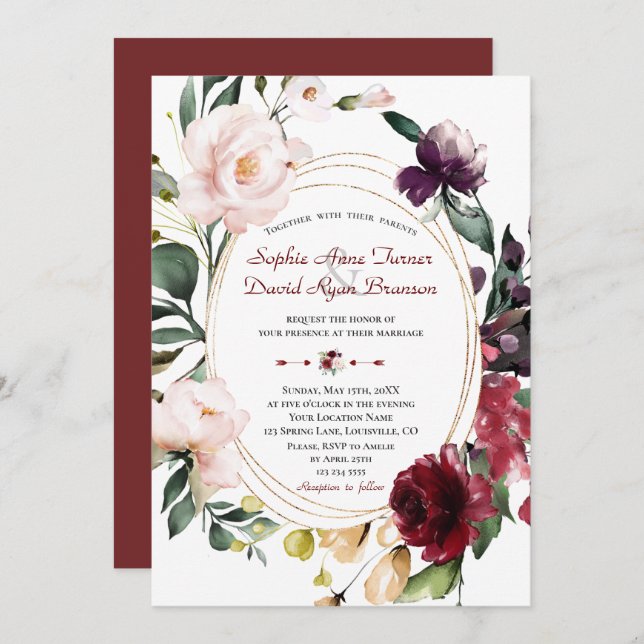 Elegant Burgundy Plum Blush Flowers Gold Wedding Invitation (Front/Back)