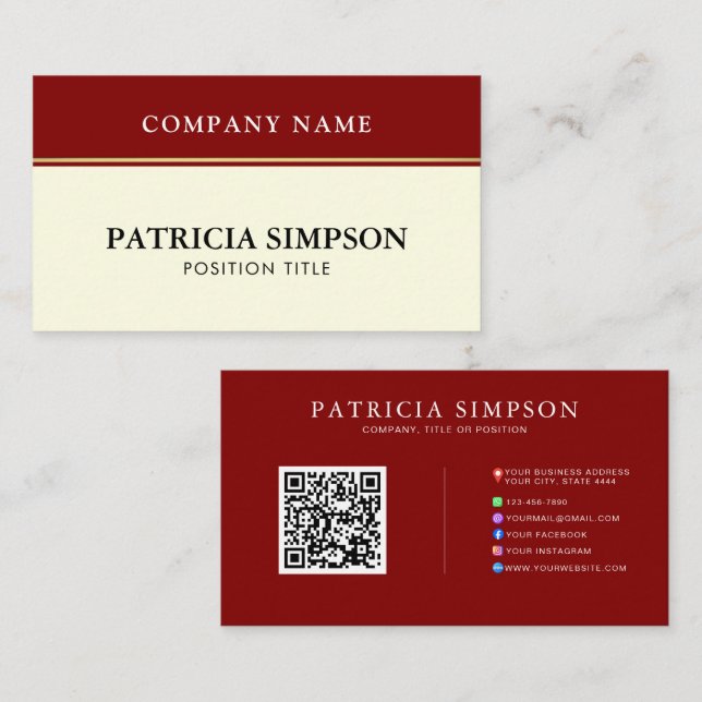 Elegant Burgundy Red and Beige Cream QR Code Links Business Card (Front/Back)