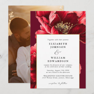 Elegant Burgundy Red And Gold Floral Photo Wedding Invitation