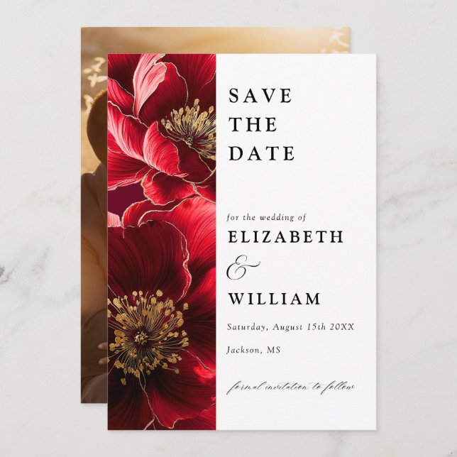 Elegant Burgundy Red And Gold Floral Photo Wedding Save The Date (Front/Back)
