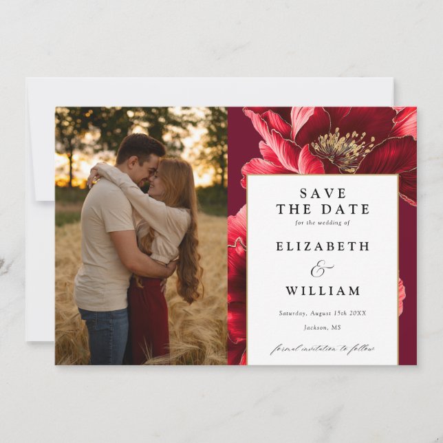 Elegant Burgundy Red And Gold Floral Photo Wedding Save The Date (Front)