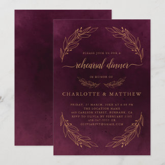Elegant Burgundy Red And Gold Rehearsal Dinner Invitation