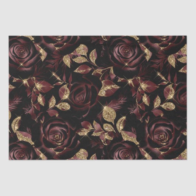 Elegant Burgundy Red and Gold Rose Floral Pattern Tissue Paper (Front)